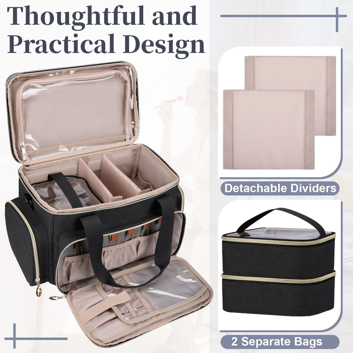 Large Travel Makeup Bag Organizer with Brush Compartments - Black