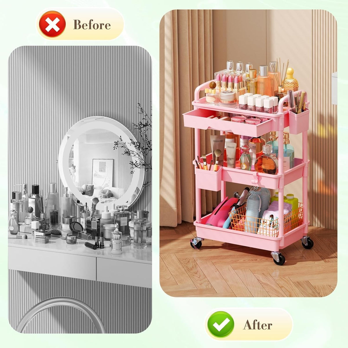 Pink Makeup Cart Organizer with Drawers and Rolling Storage