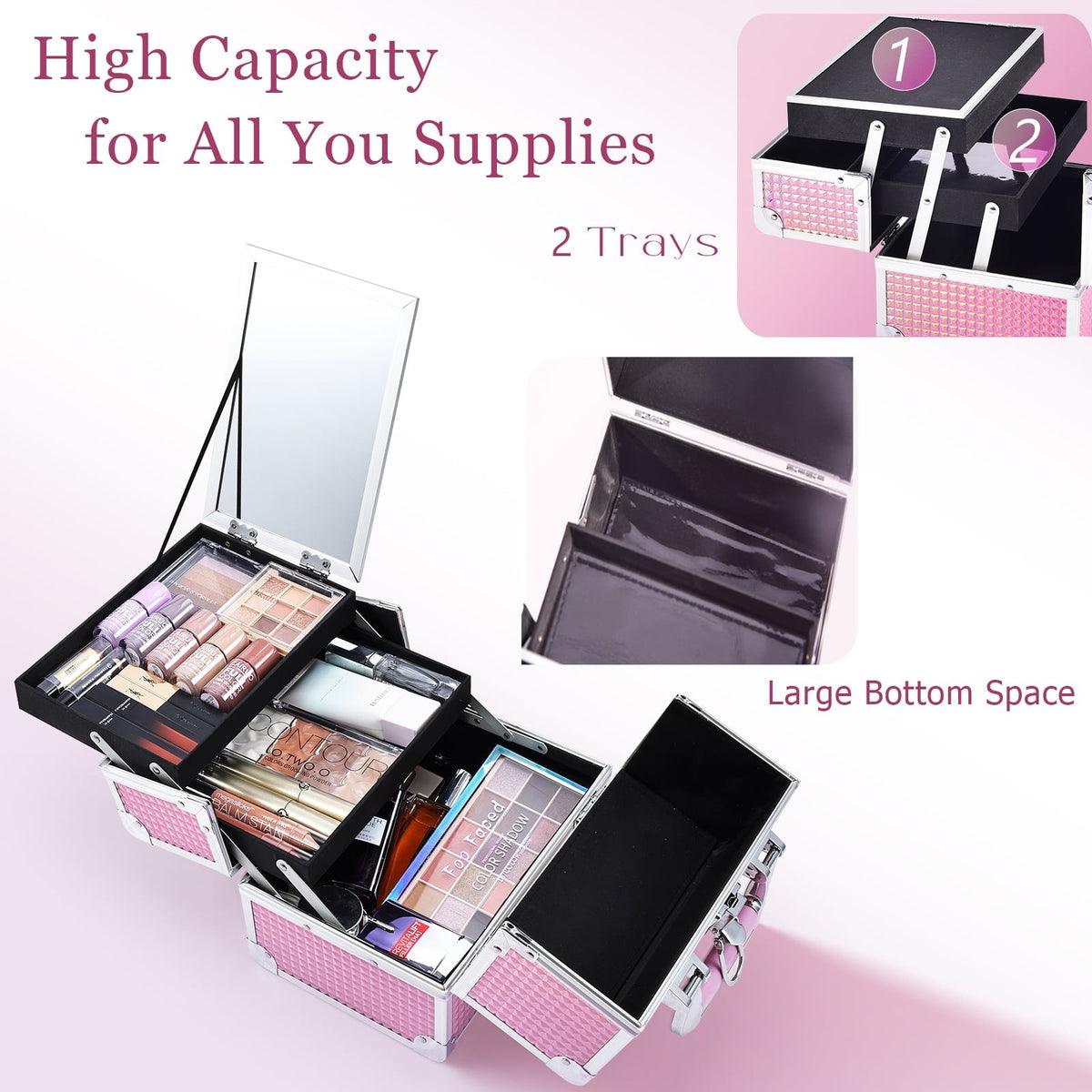 Large Pink Makeup Train Case with Mirror and Lockable Compartments