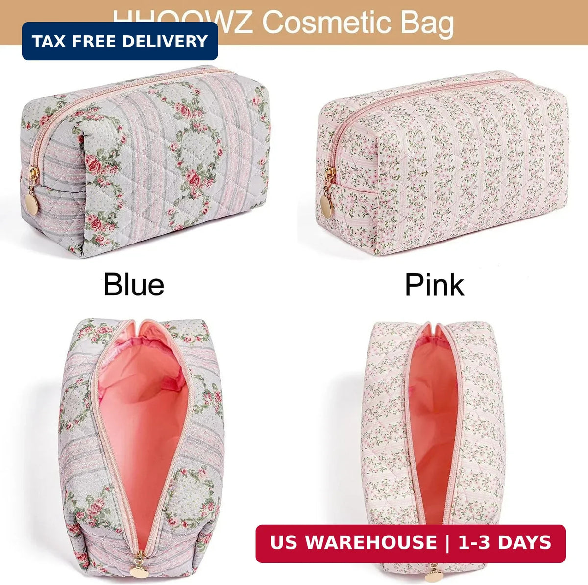 Travel Cosmetic Bag for Women Girls - Floral Zipper Makeup Organizer