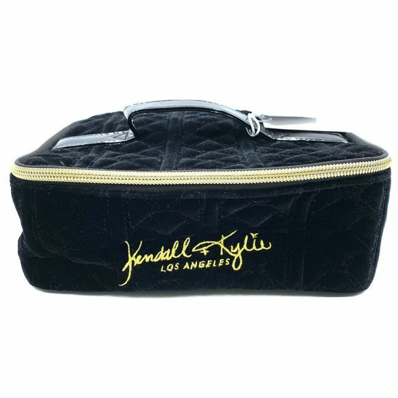 Black Velvet Vanity Case with Quilted Design and Gold Accents - Travel Storage Bag