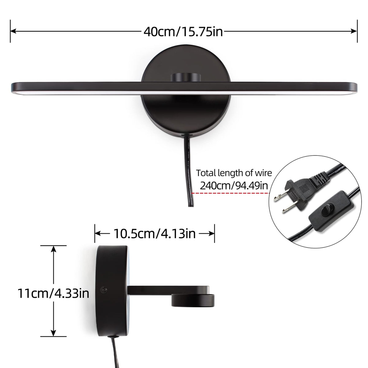 16-Inch Matte Black Bathroom Vanity Light LED Wall Sconce