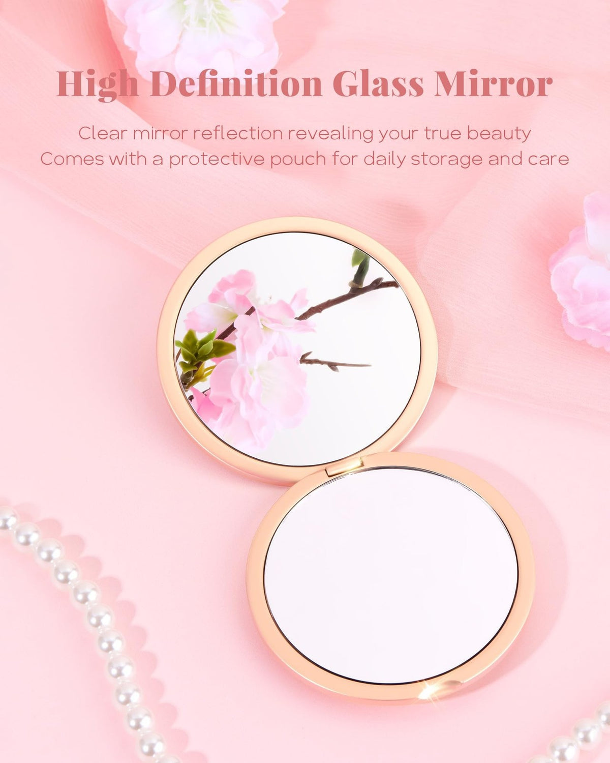 Pearl Bloom Compact Mirror with 2X Magnification - Pink Pocket Makeup Mirror