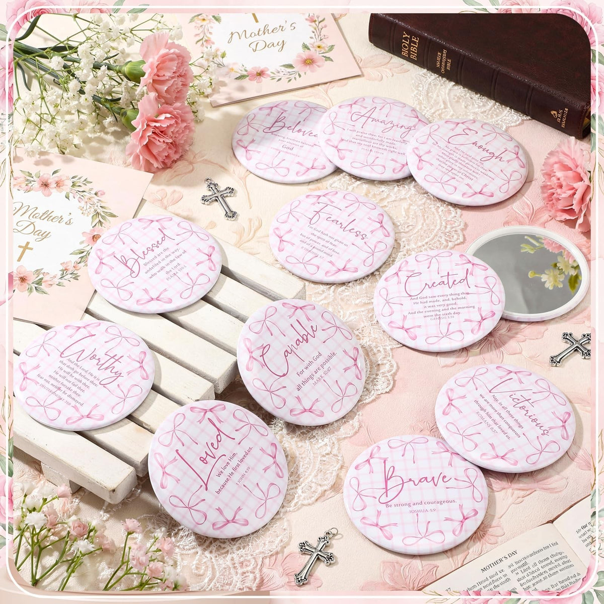 12 Pcs Christian Compact Mirrors for Women - Pink Bow Religious Gift Set