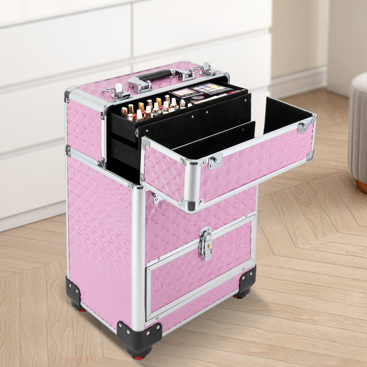 Pink Rolling Makeup Train Case with 7 Compartments and Lockable Drawers