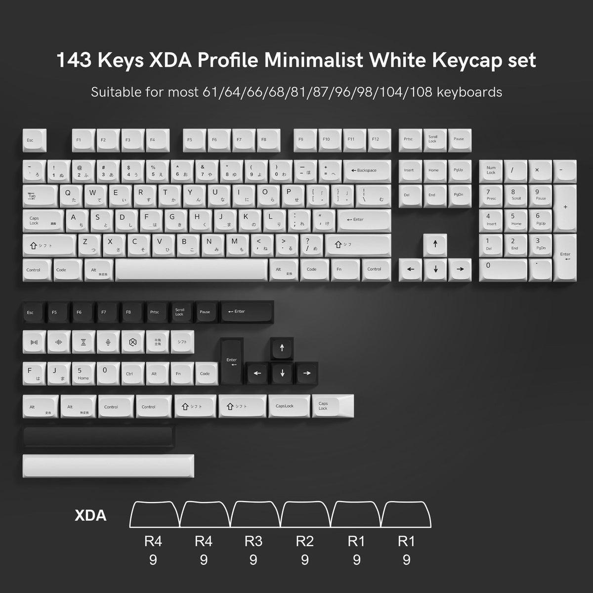 White PBT Keycap Set for Mechanical Keyboard - Japanese XDA Profile 75% Dye-Sublimation