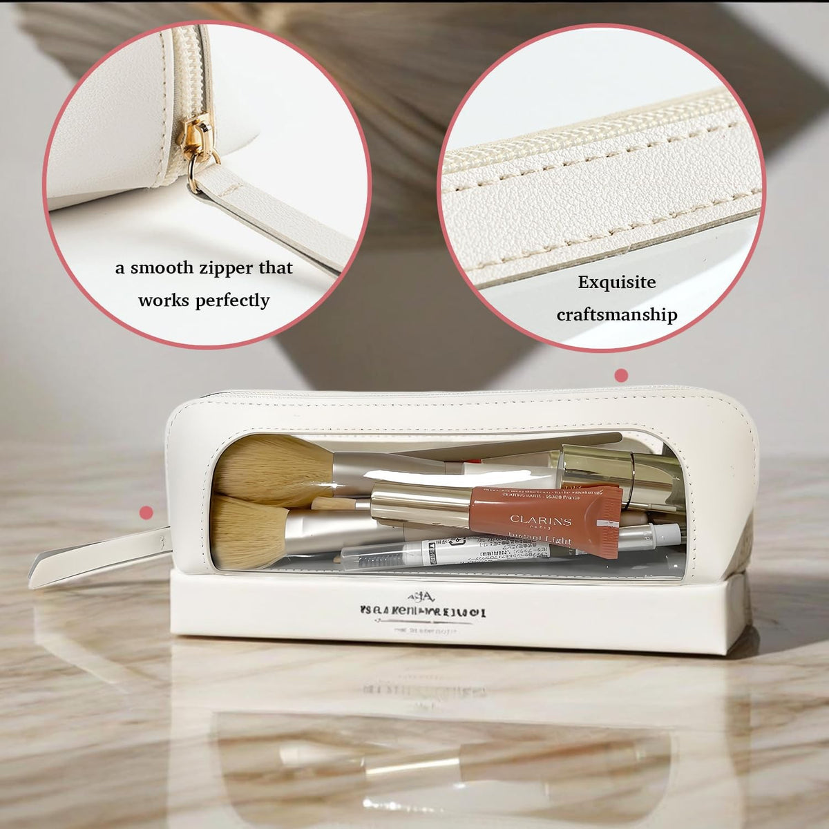 Clear Makeup Brush Case - Leather Travel Organizer with Transparent Window
