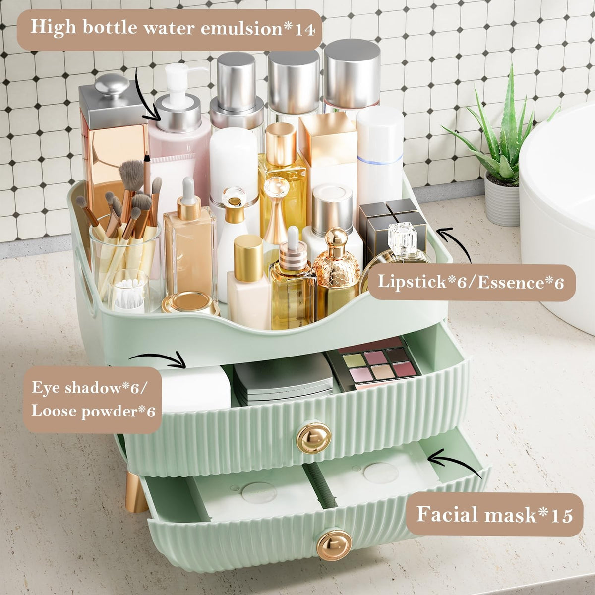 Large Capacity Makeup Organizer with Drawers and Top Compartment for Skincare and Cosmetics