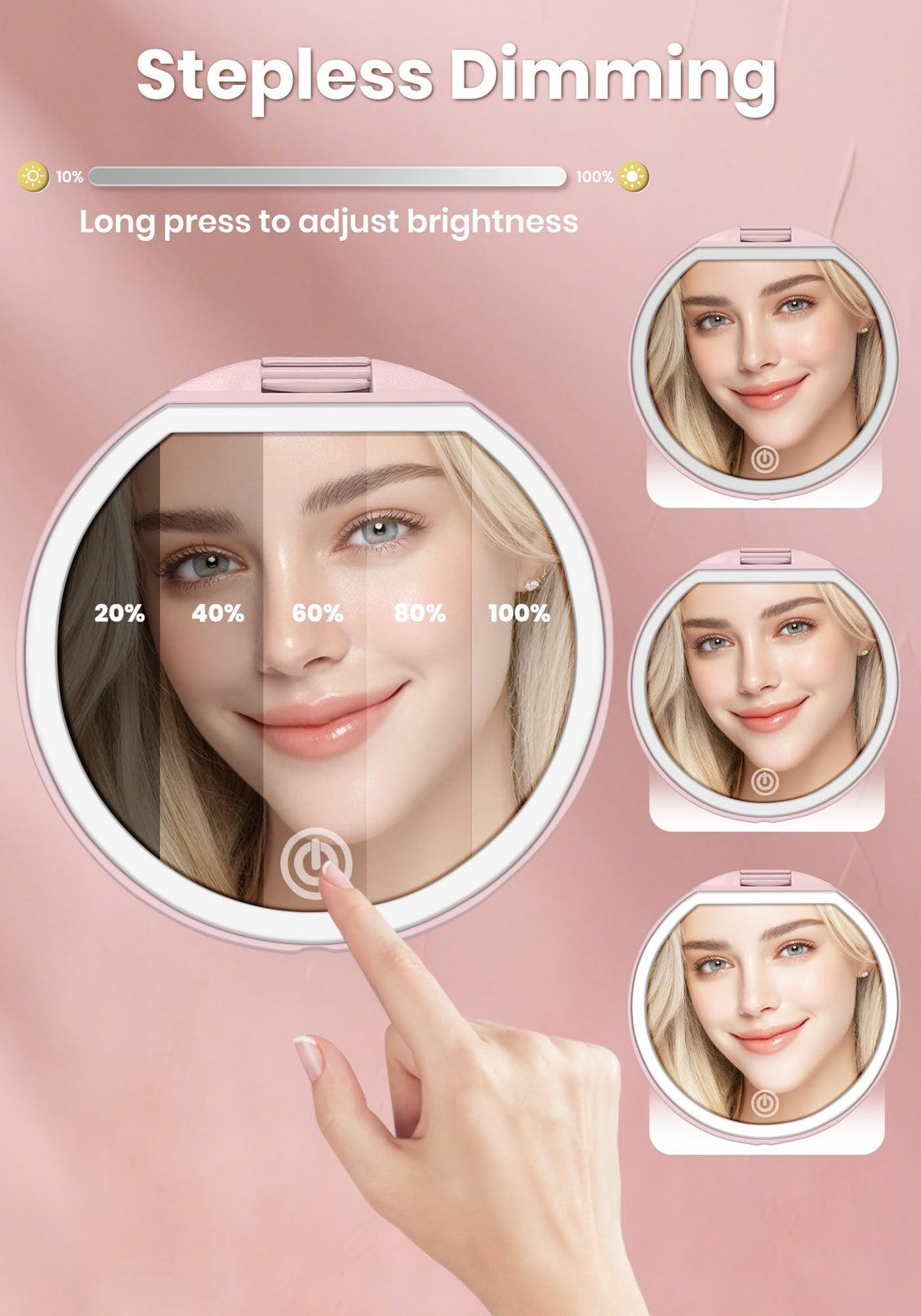 Rechargeable Lighted Makeup Mirror with 40X Magnification & Dimmable LED Lighting - Compact Travel Mirror, Pink