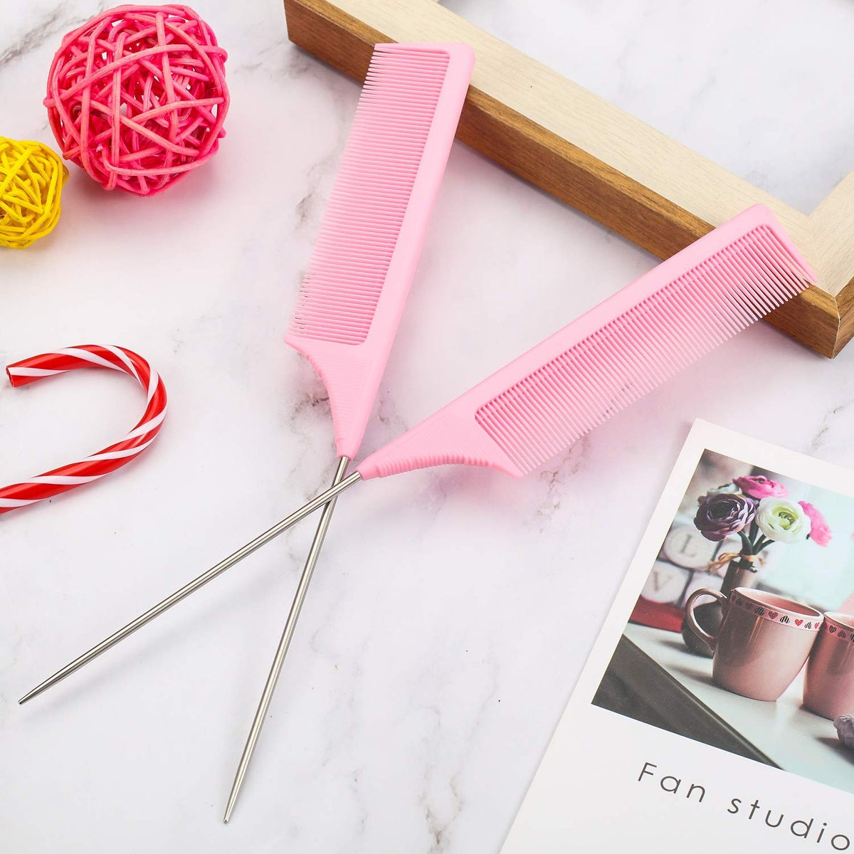 Pink Carbon Fiber Heat-Resistant Teasing Comb Set with Metal Pick for Hair Styling