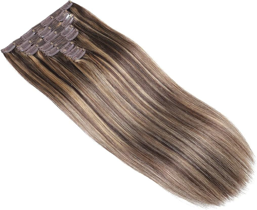 Remy Human Hair Extensions Clip-In Set – Medium Brown Mix Dark Blonde 26 Inch, 8 Pieces, Shedding-Free, Natural Look