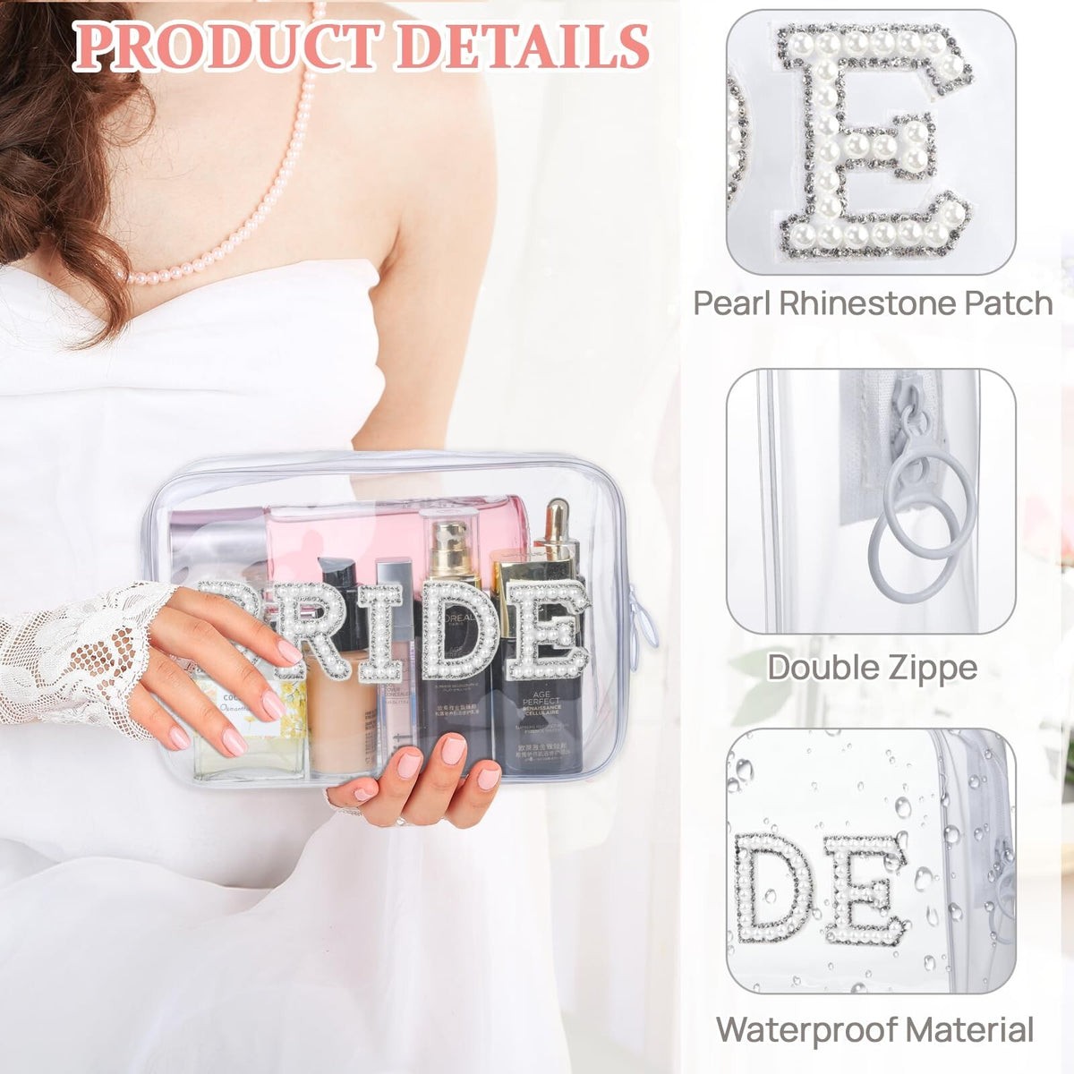 Clear Bridal Makeup Bag with Pearls and Rhinestone Patches - Wedding Travel Organizer