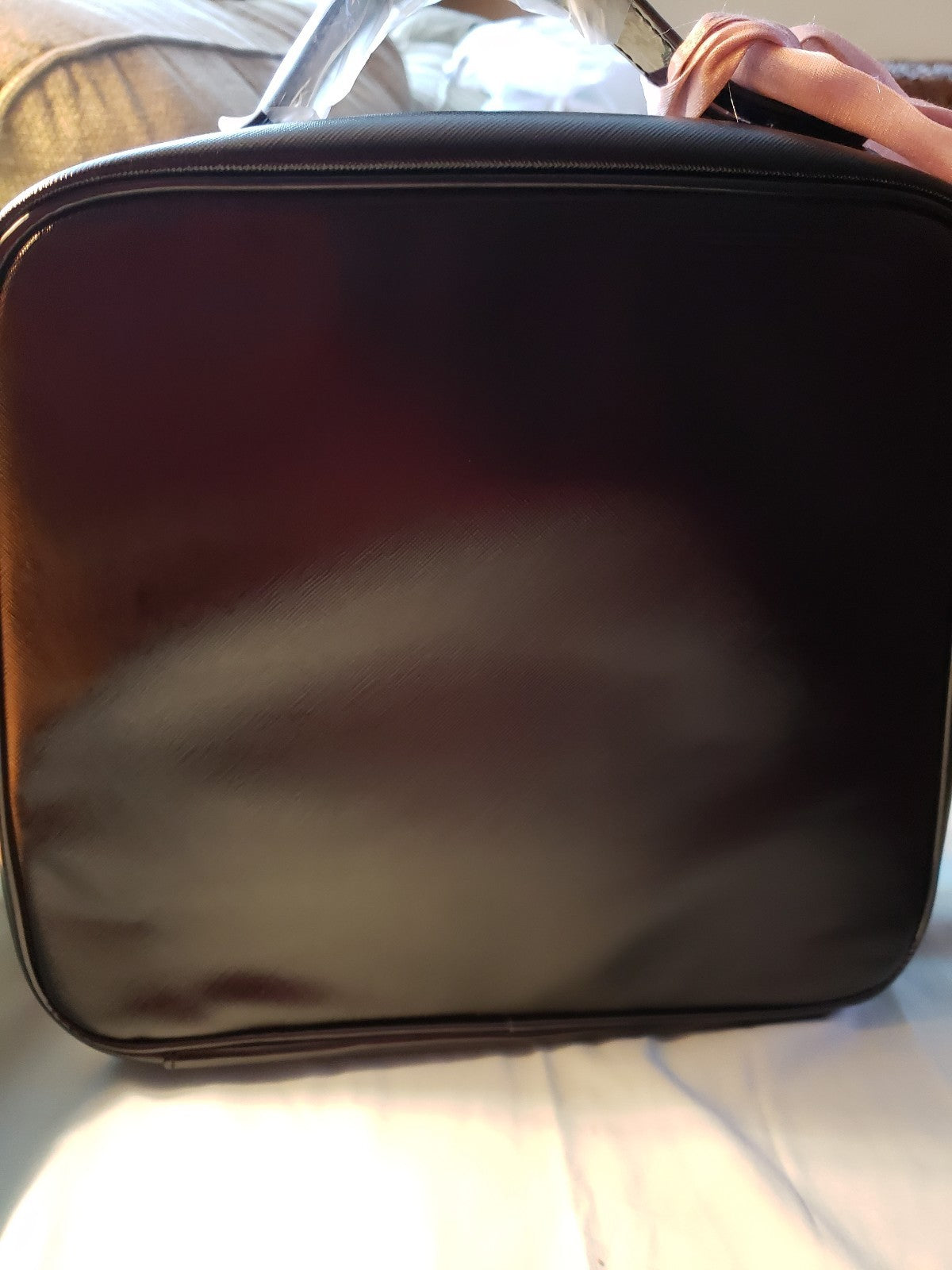 Large Black Faux Leather Train Case with Pink Scarf Travel Organizer