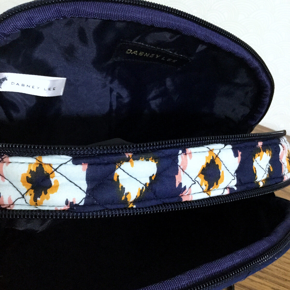 Travel Cosmetic Bag with Double Zipper Navy Blue Ikat Pattern 7-Inch Organizer