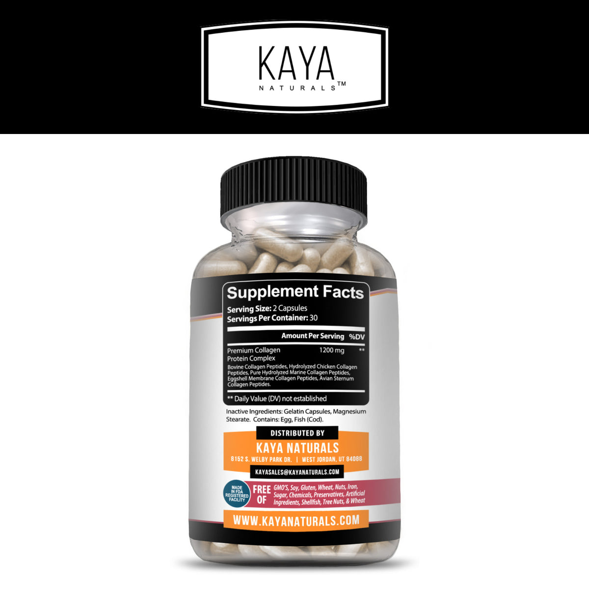 Collagen Peptides Capsules with Hyaluronic Acid - Types I, II, III, V, X 1200mg - 60 Capsules