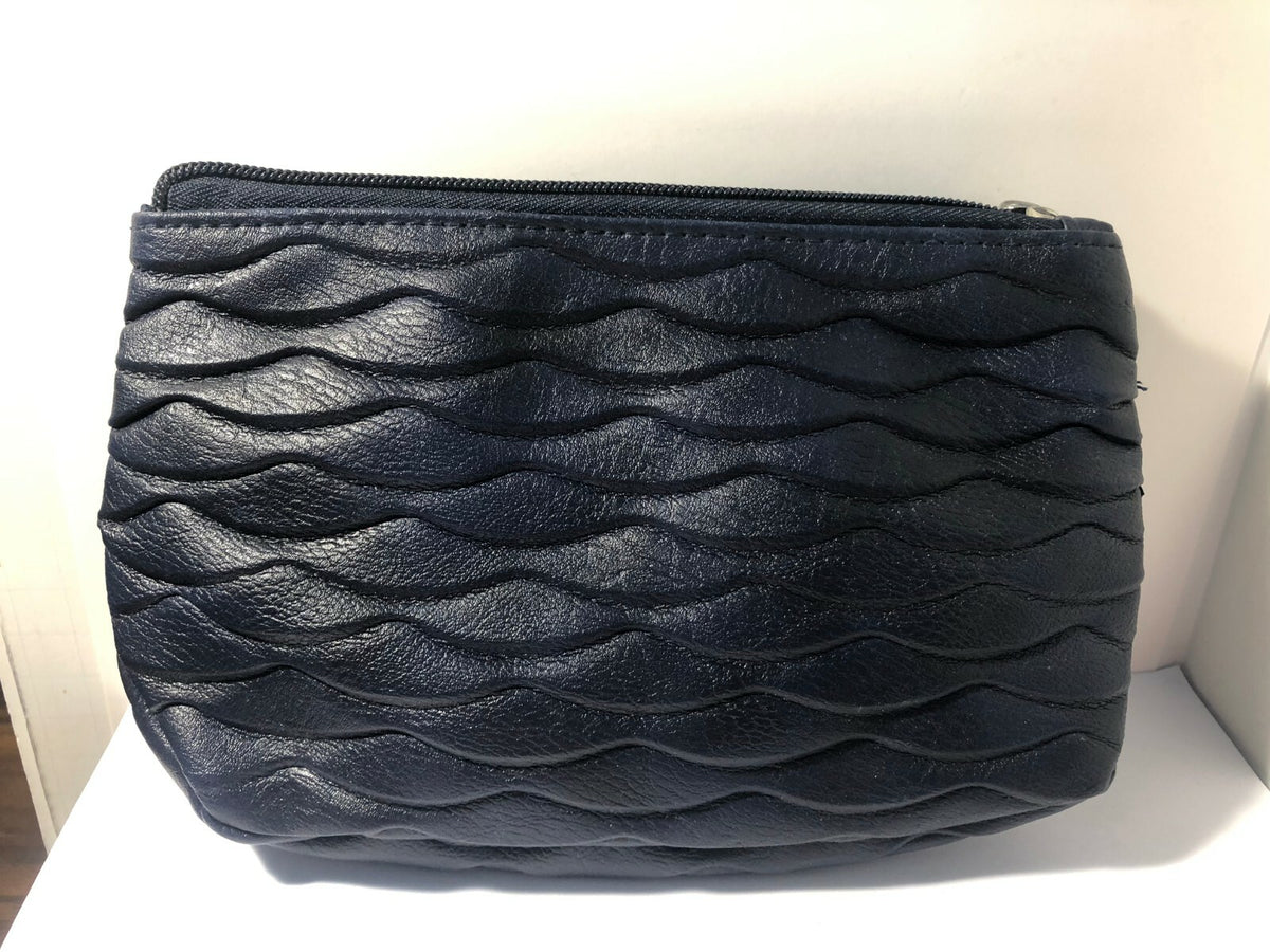 Blue Vegan Leather Makeup Bag with Wavy Textured Design - 8.5x6 Inches