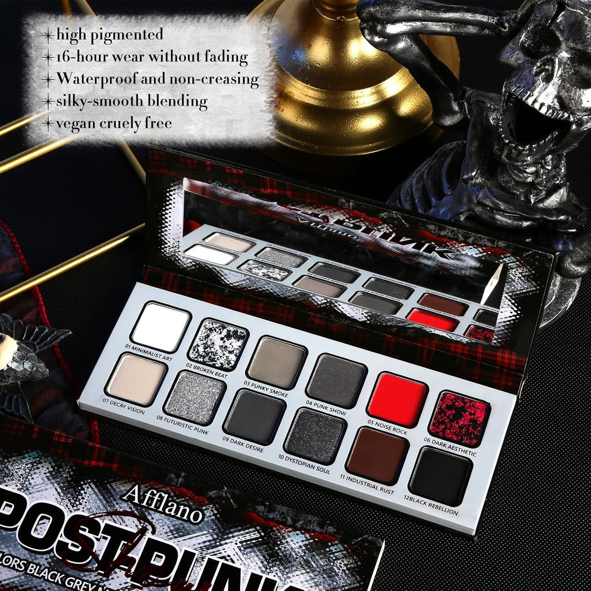 Goth Eyeshadow Palette 12 Colors Black Grey Red Smokey Eye Makeup Compact
