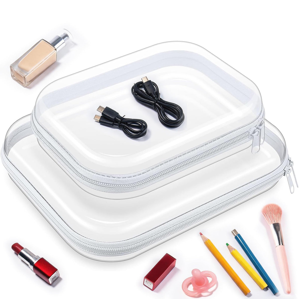 Clear Hard Shell Zipper Cases Set - Multi-Size Travel & Organizer Pouches