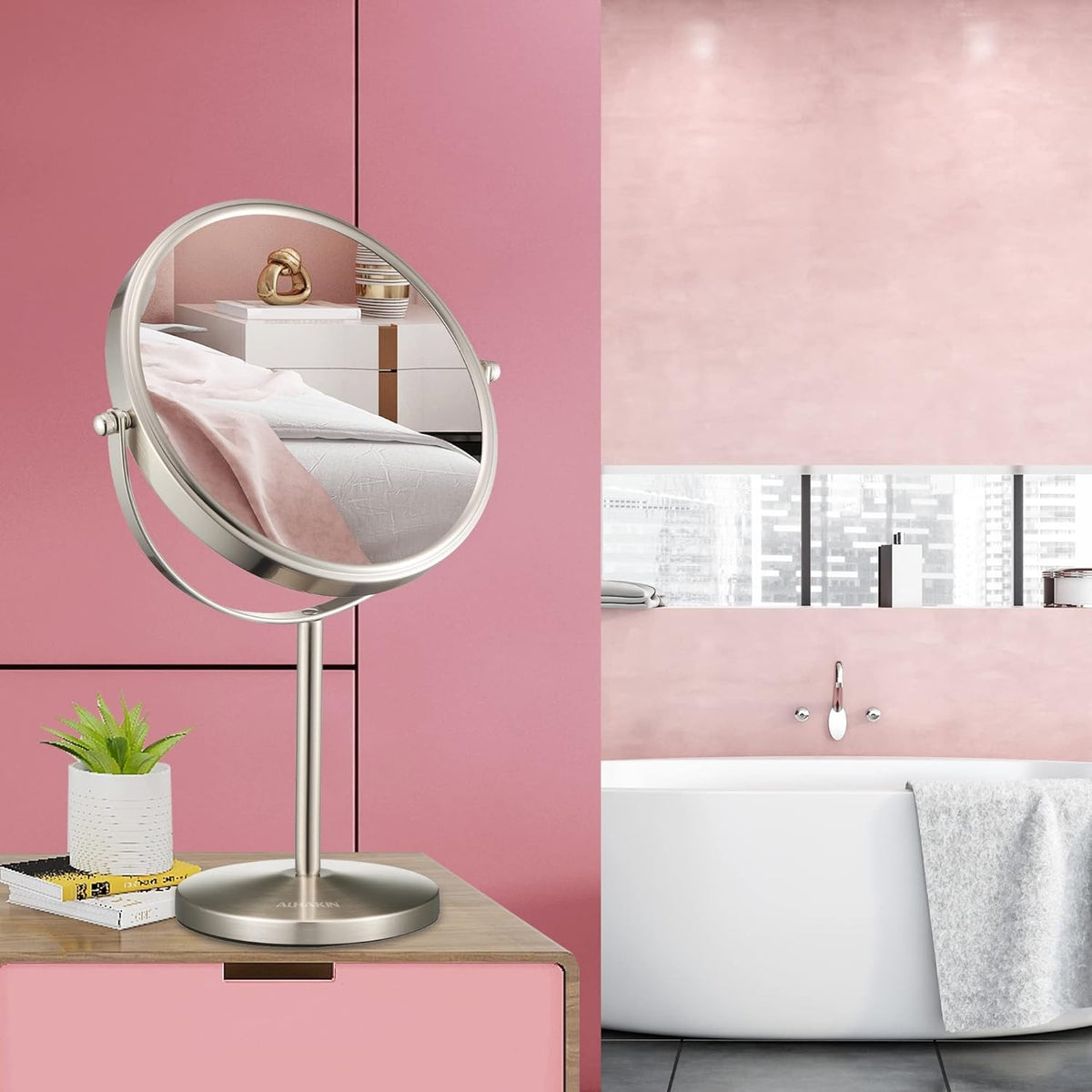 8 Inch Double-Sided Makeup Mirror with 1X/10X Magnification, Tabletop, Detachable Base
