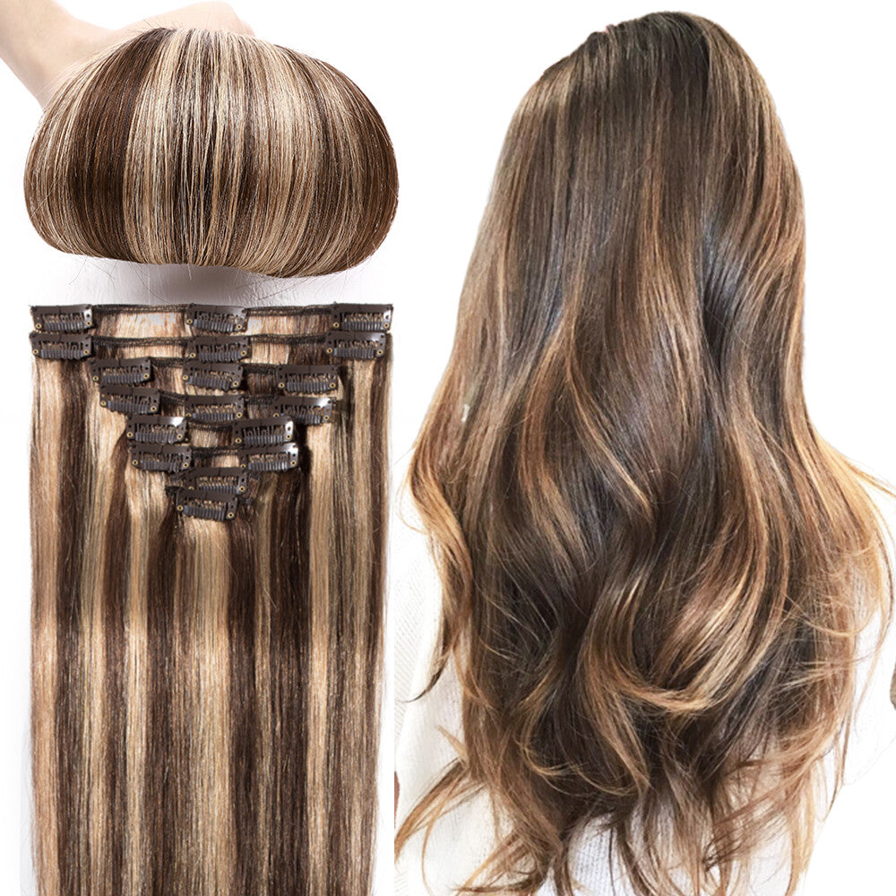Clip-In Hair Extensions Full Head Set - Remy Human Hair, Multiple Colors & Lengths