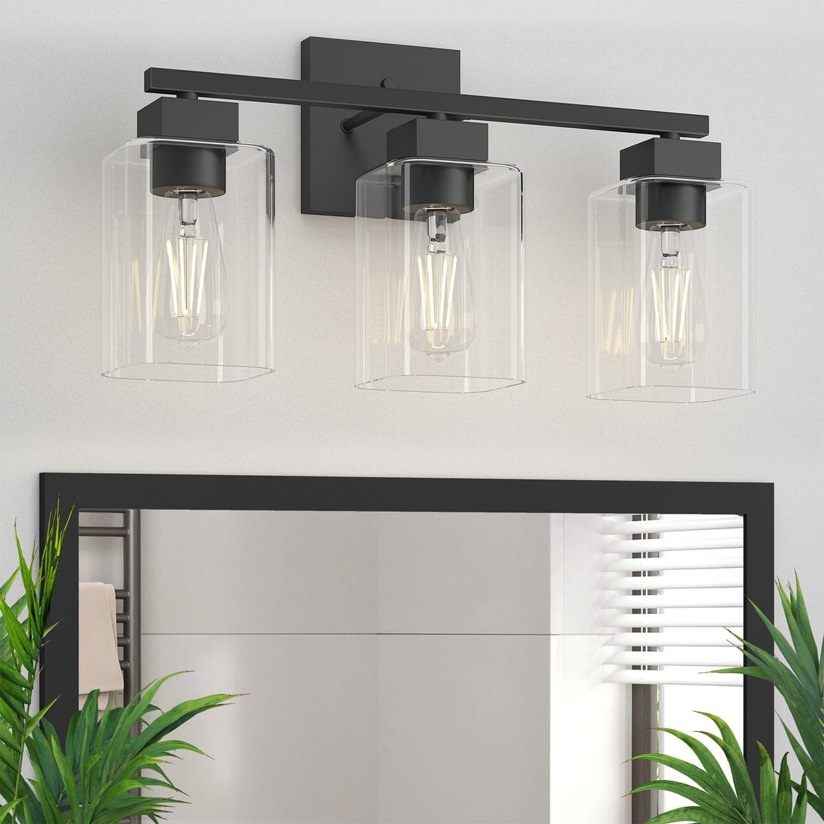 Matte Black Bathroom Vanity Light 3-Light Wall Sconce with Glass Shades