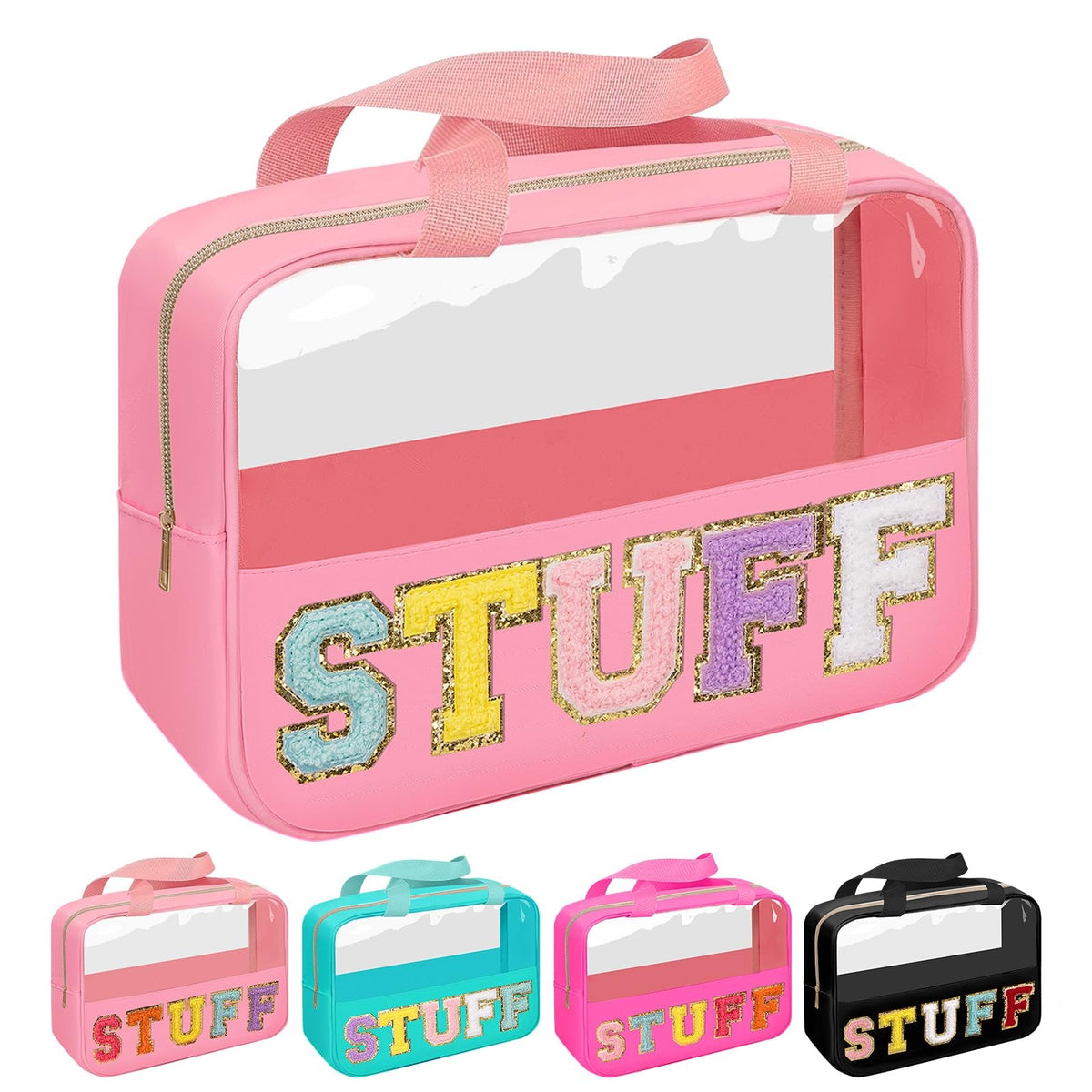 Large Clear Makeup Cosmetic Bag with Waterproof Nylon Handle Pink