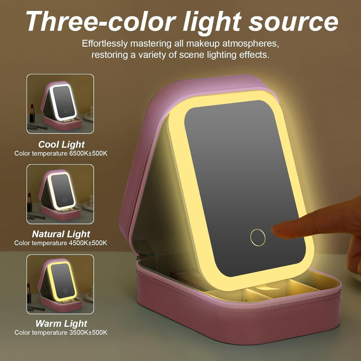 Travel Makeup Bag with LED Lighted Mirror and Custom Compartments