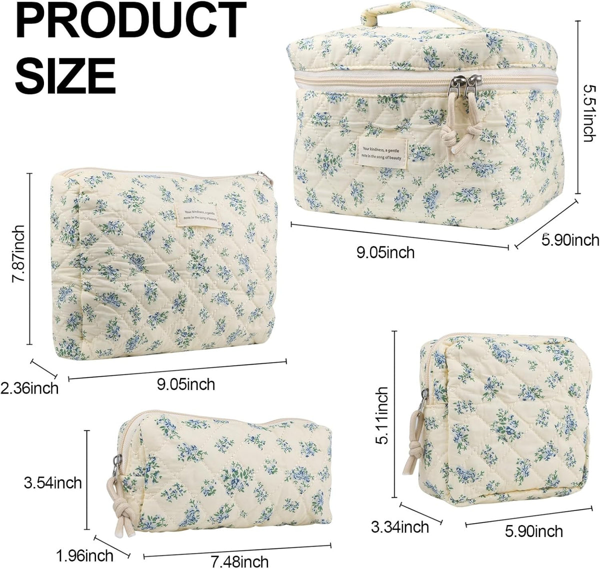 Large Cotton Quilted Makeup Bag - Travel Cosmetic Organizer with Floral Design
