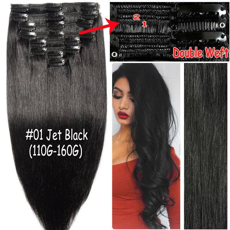Thick Double Weft Clip-In Human Hair Extensions Full Head - Natural & Straight