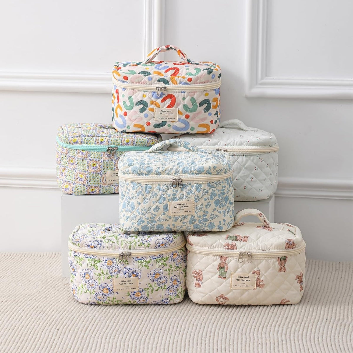 Large Floral Quilted Makeup Bag for Women, Travel Cosmetic Organizer