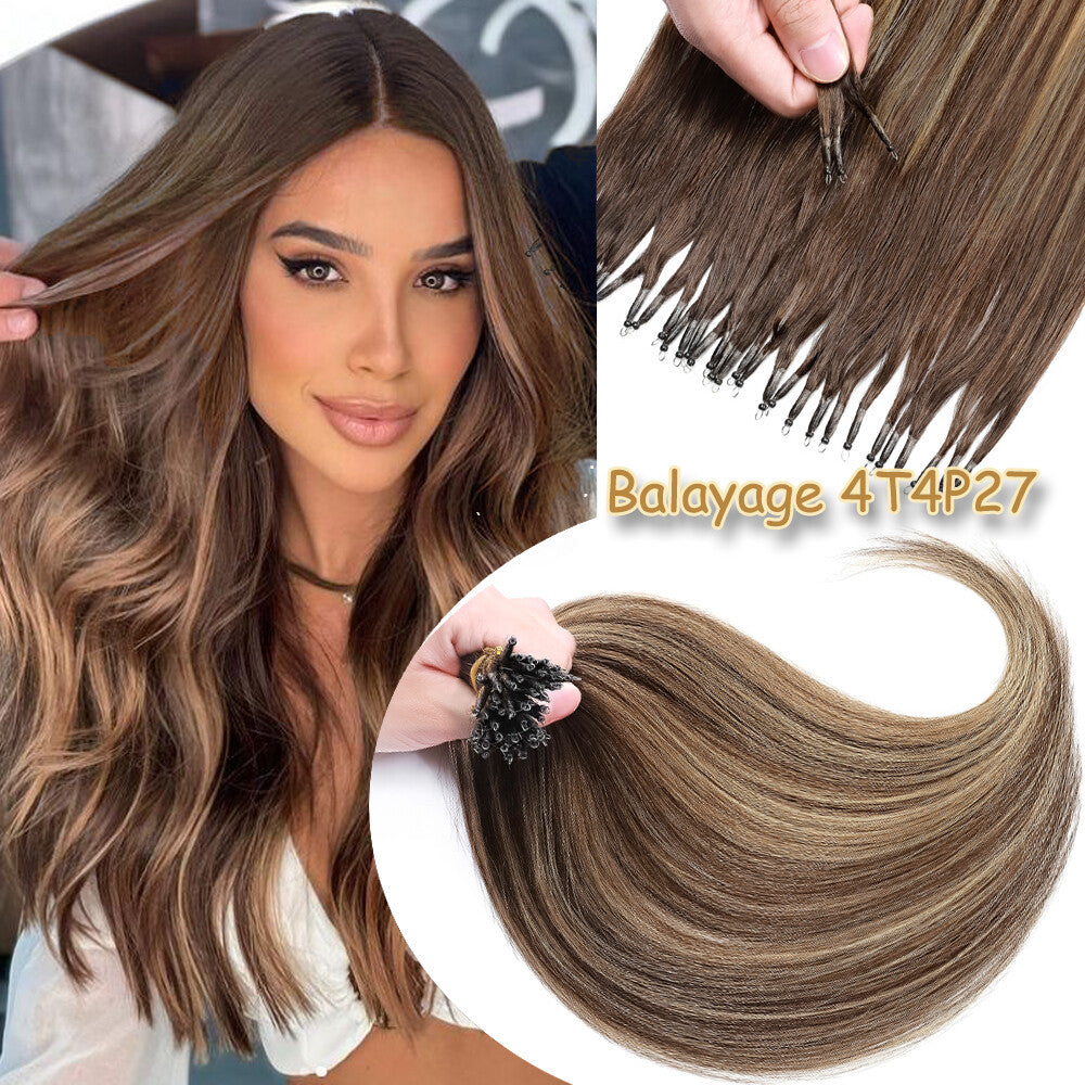 Thick Remy Human Hair Extensions Nano Ring Micro Loop Beads Caramel