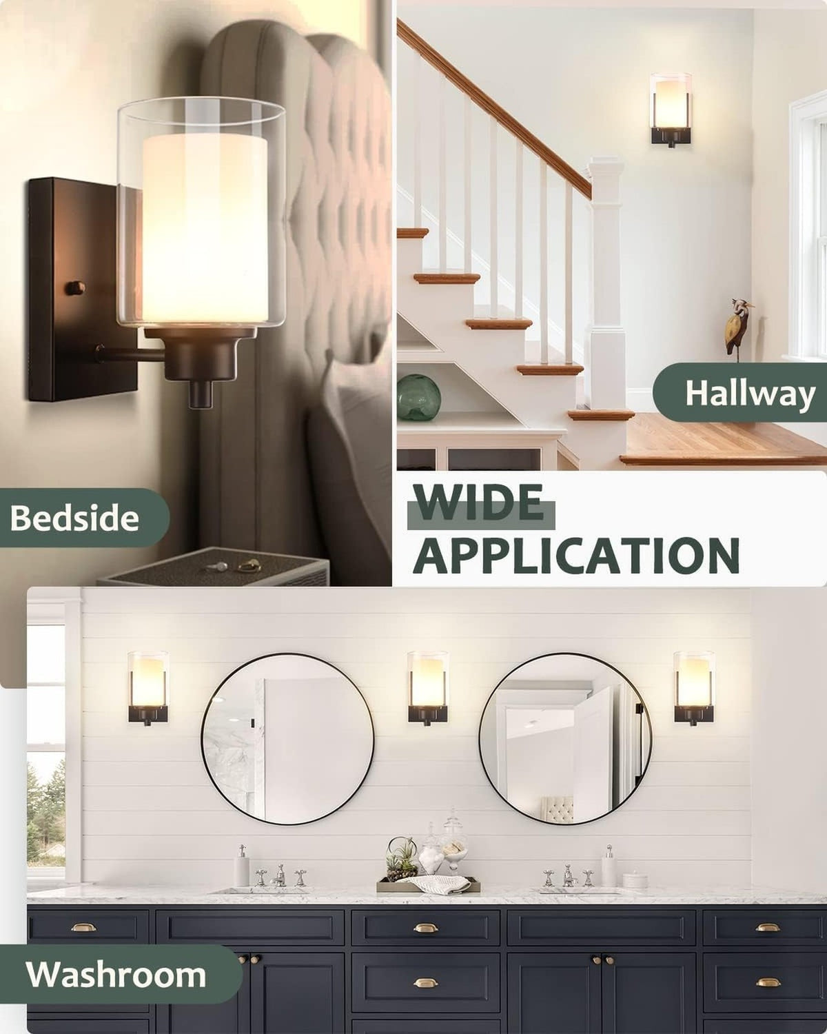 3-Pack Indoor Black Vanity Light Fixtures - 1-Light Wall Sconce with Dual Glass Shade, E26, Dimmable