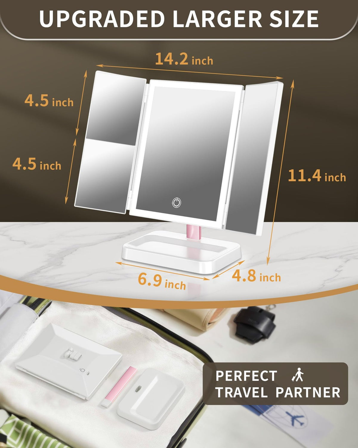 Rechargeable Lighted Vanity Mirror with 3X/2X/1X Magnification, Touch Control