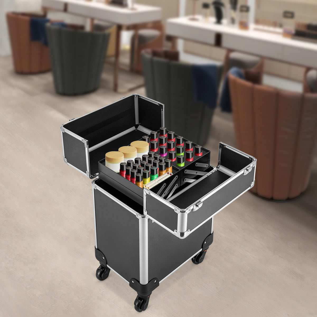 Travel Makeup Case with Wheels & Multiple Layers, Aluminum Alloy Organizer