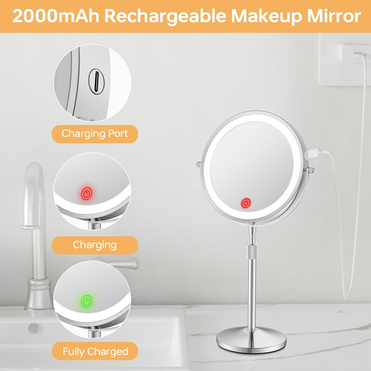 Adjustable LED Makeup Mirror with Lights and 1X/20X Magnification