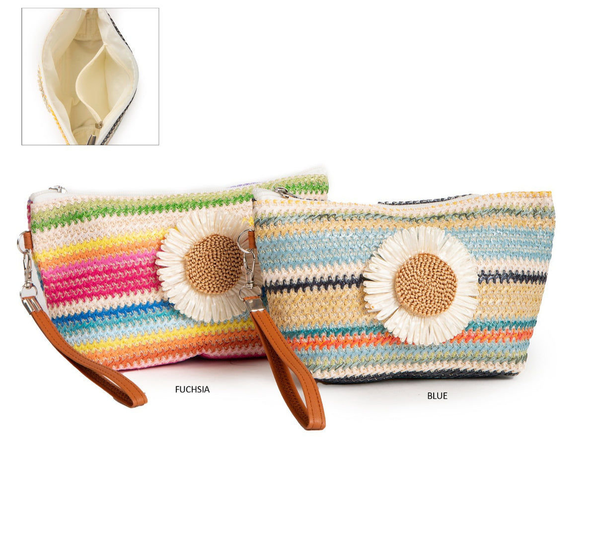 Large Travel Pouch with Multi-Colored Stripes and Daisy Pattern, Zipper Closure