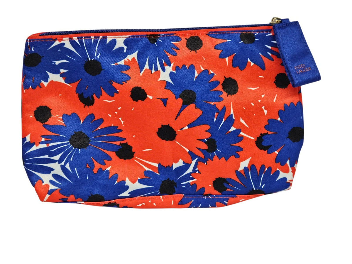 Estée Lauder Floral Cosmetic Makeup Pouch Bag with Zipper - Red & Blue Design
