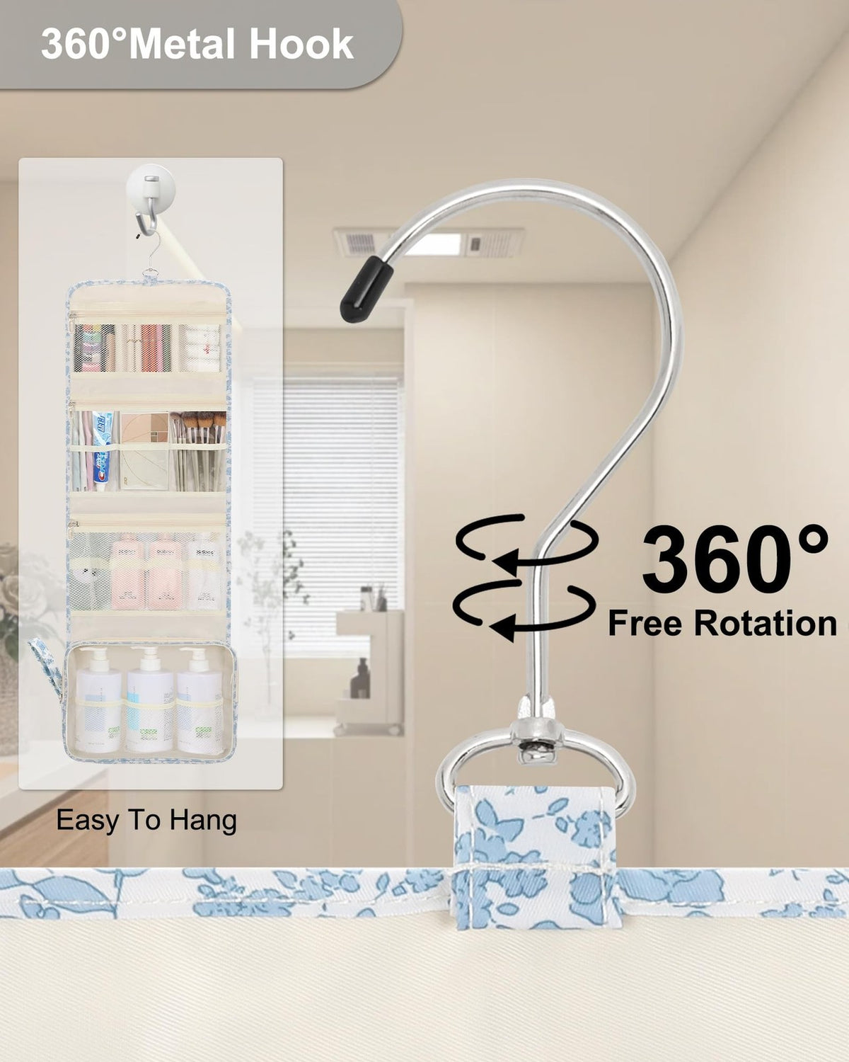 Travel Toiletry Bag with Hanging Hook - Waterproof Floral Organizer for Women & Men