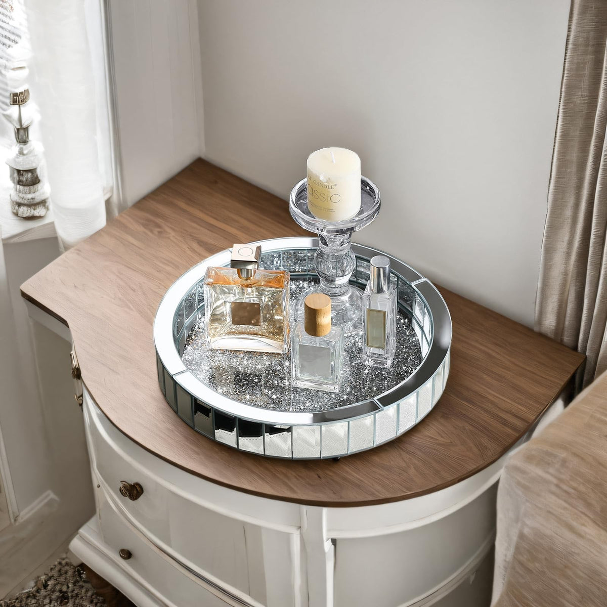 11-Inch Rotating Glass Makeup & Perfume Organizer Vanity Tray Silver
