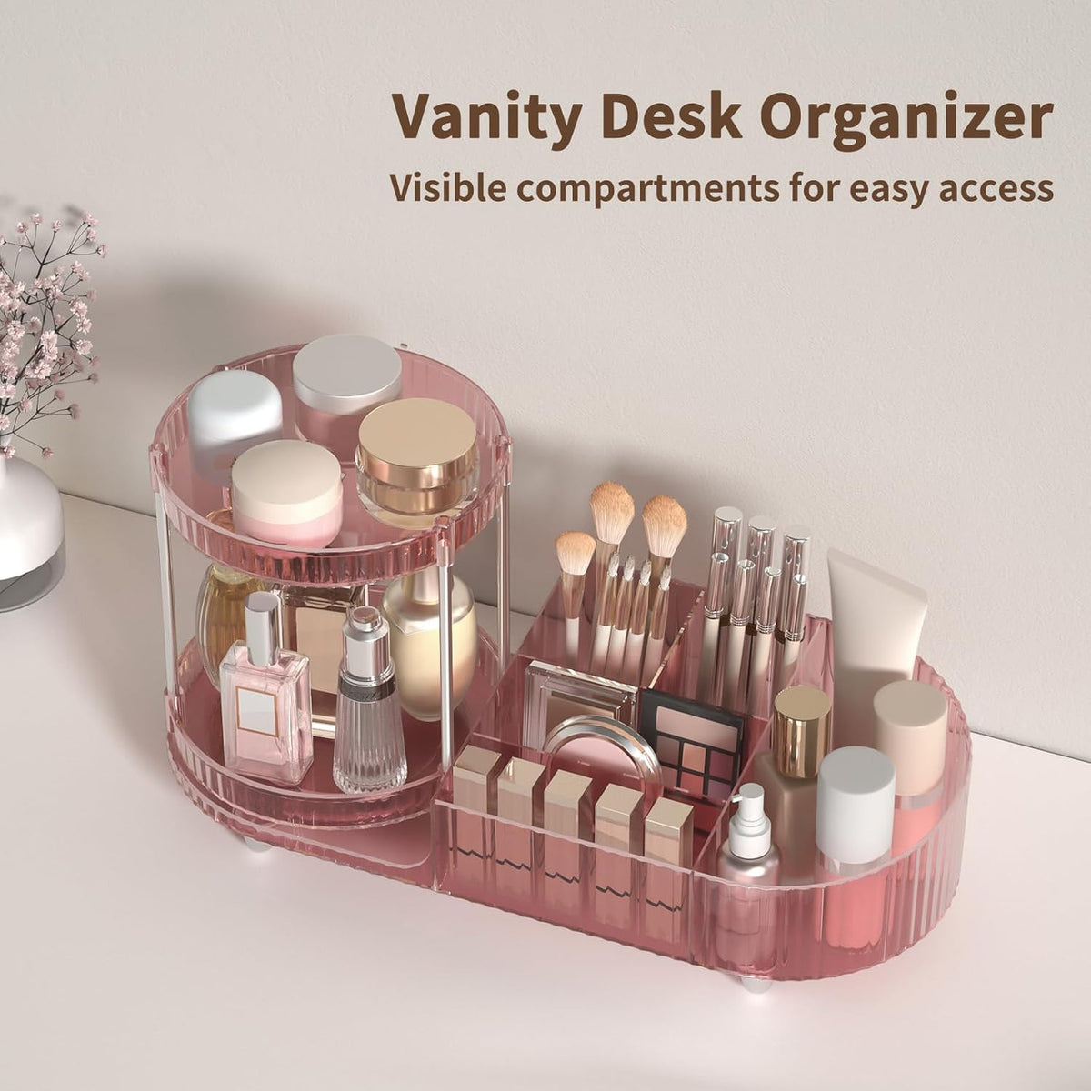 360 Rotating Makeup Organizer with Perfume Trays & Compartments, Acrylic Vanity Storage