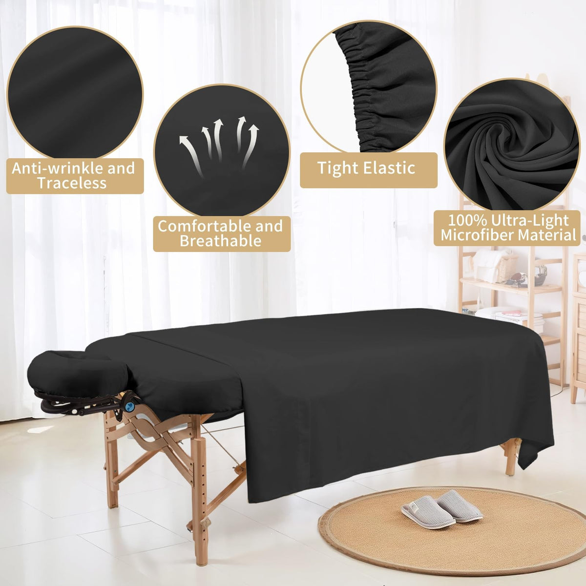 Microfiber Massage Table Sheets Set - 4 Pack, 3-Piece Black Bed Linens
