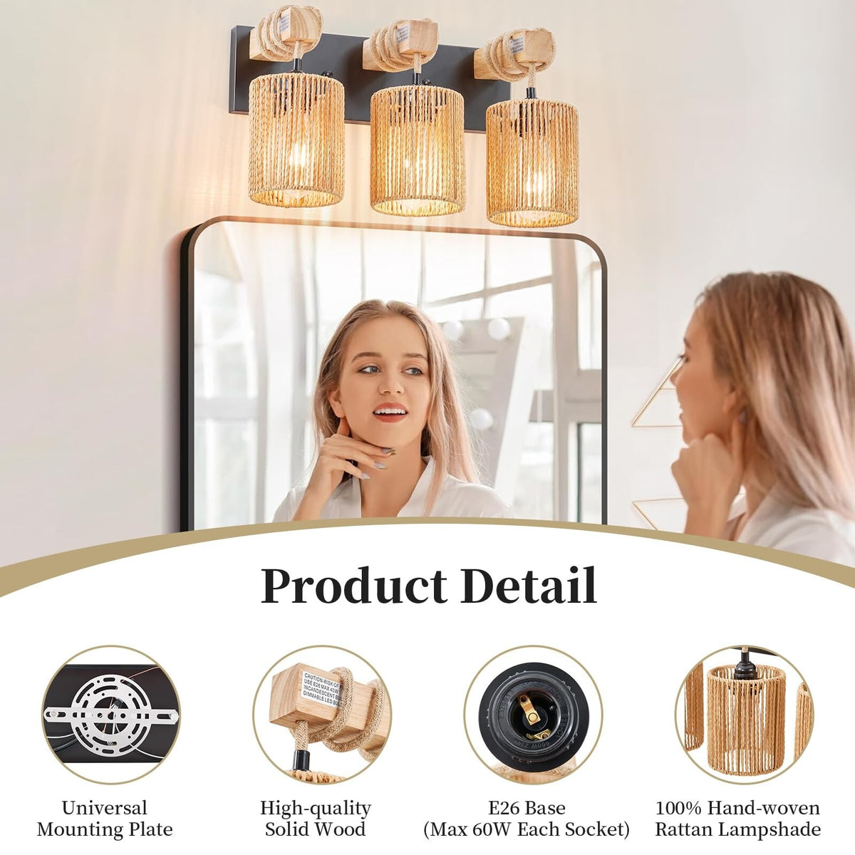 3-Light Bathroom Vanity Light Fixture - Boho Rattan Wall Sconce, Farmhouse Style