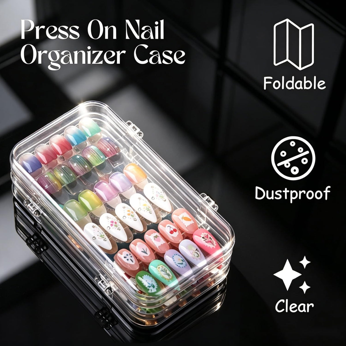 Press On Nail Organizer Case Tri-Fold Acrylic Storage Box for Manicure