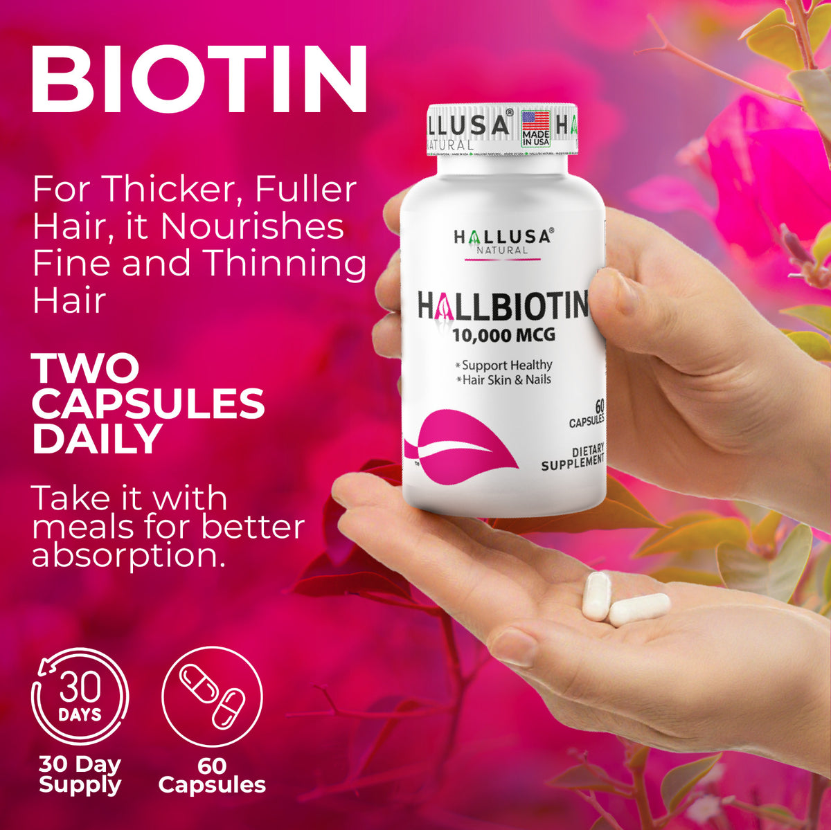 Biotin 10,000 mcg Capsules – Hair, Skin & Nails Support, 60 Count