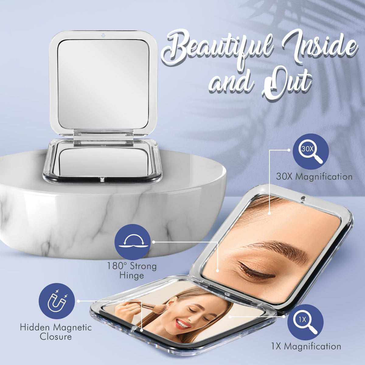 30X Compact Travel Magnifying Mirror with 1X & 30X Glass for Grooming