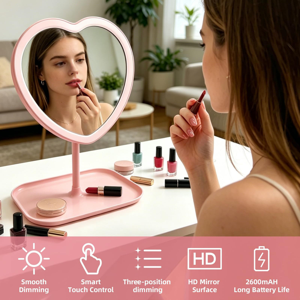 Heart-Shaped Vanity Mirror with 3 Light Colors and Dimming, 11x9 Inch