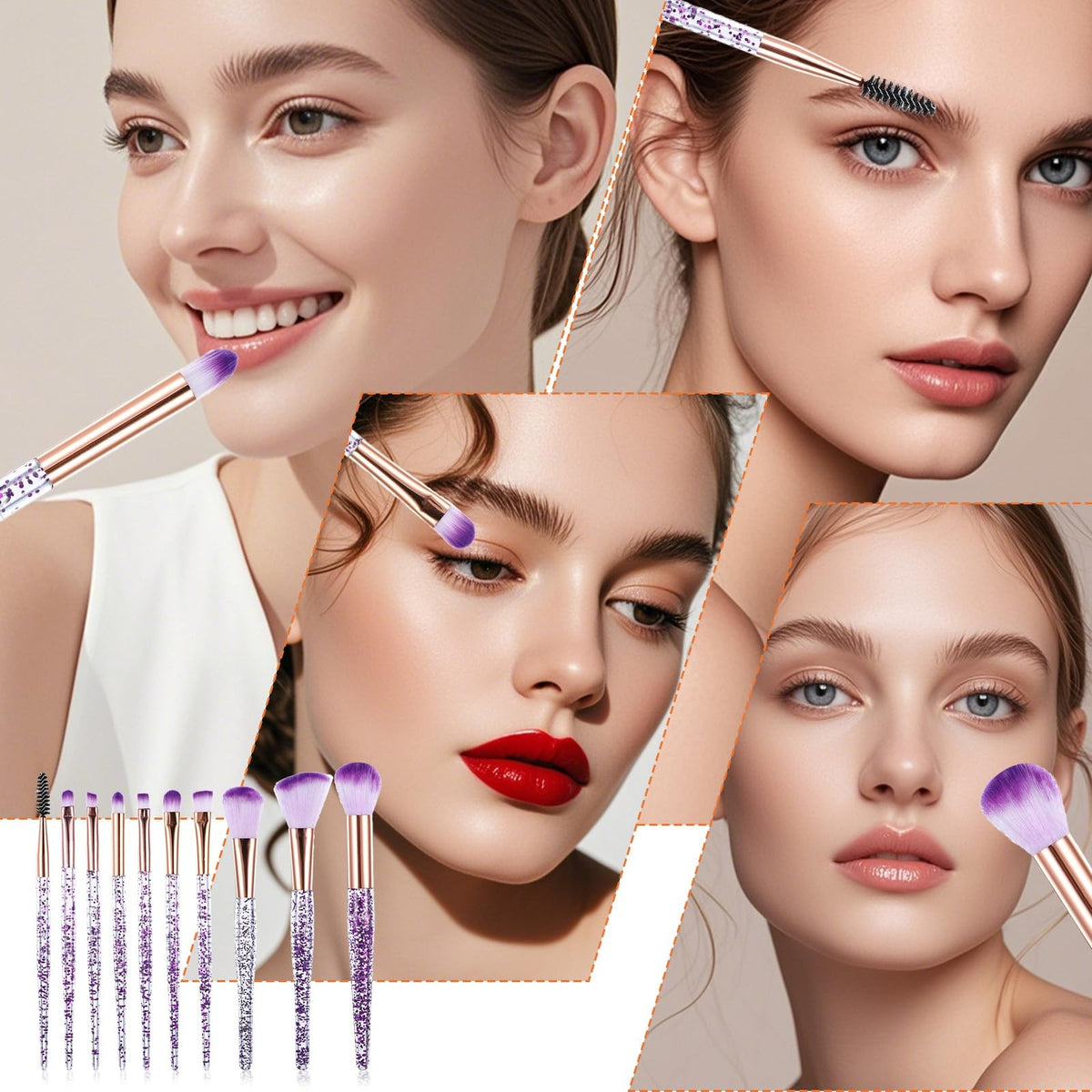 Professional Glitter Makeup Brush Set - 10 Synthetic Face & Eye Brushes