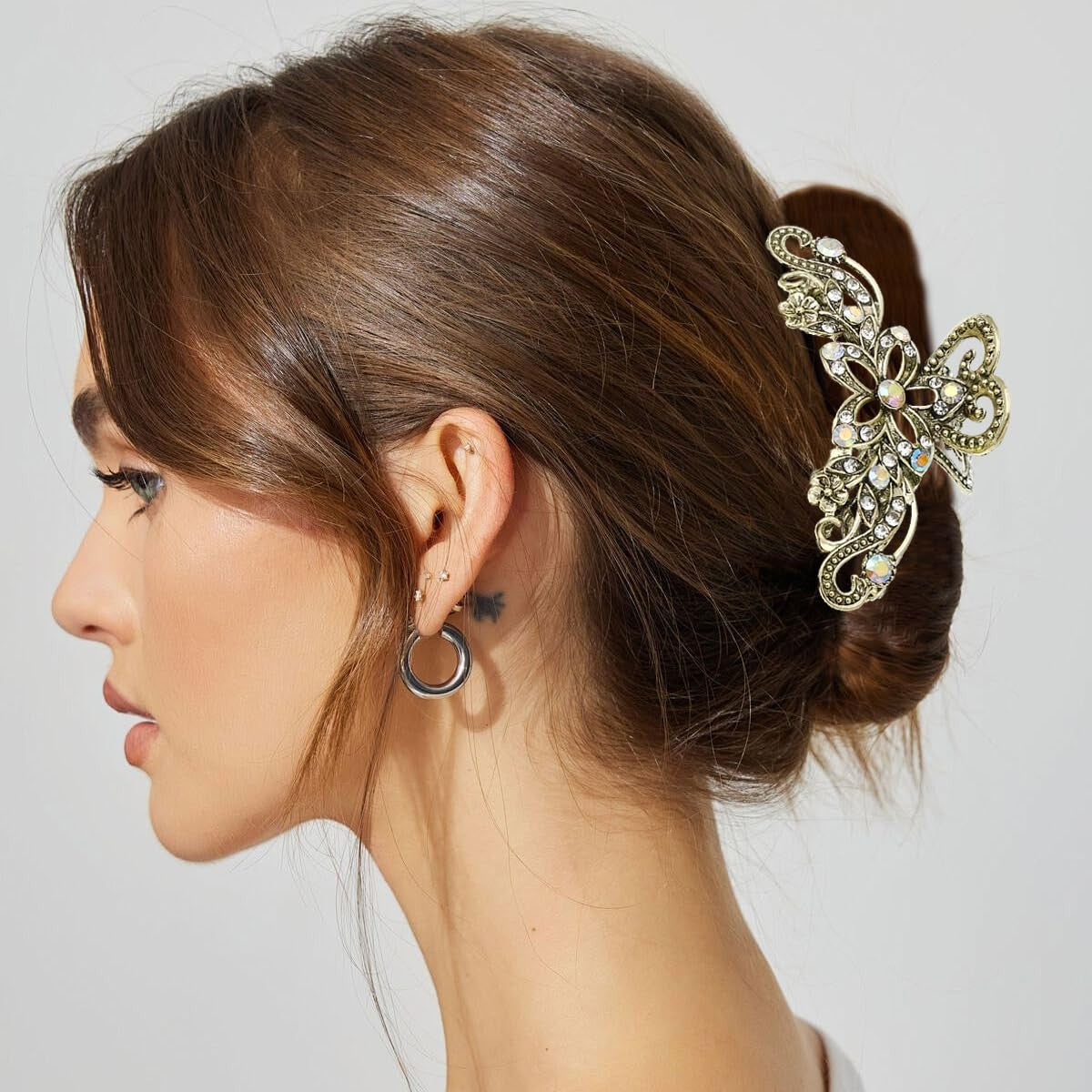 2 PCS Vintage Hair Claw Clips Rhinestone Count (Pack of 1), Silver,
