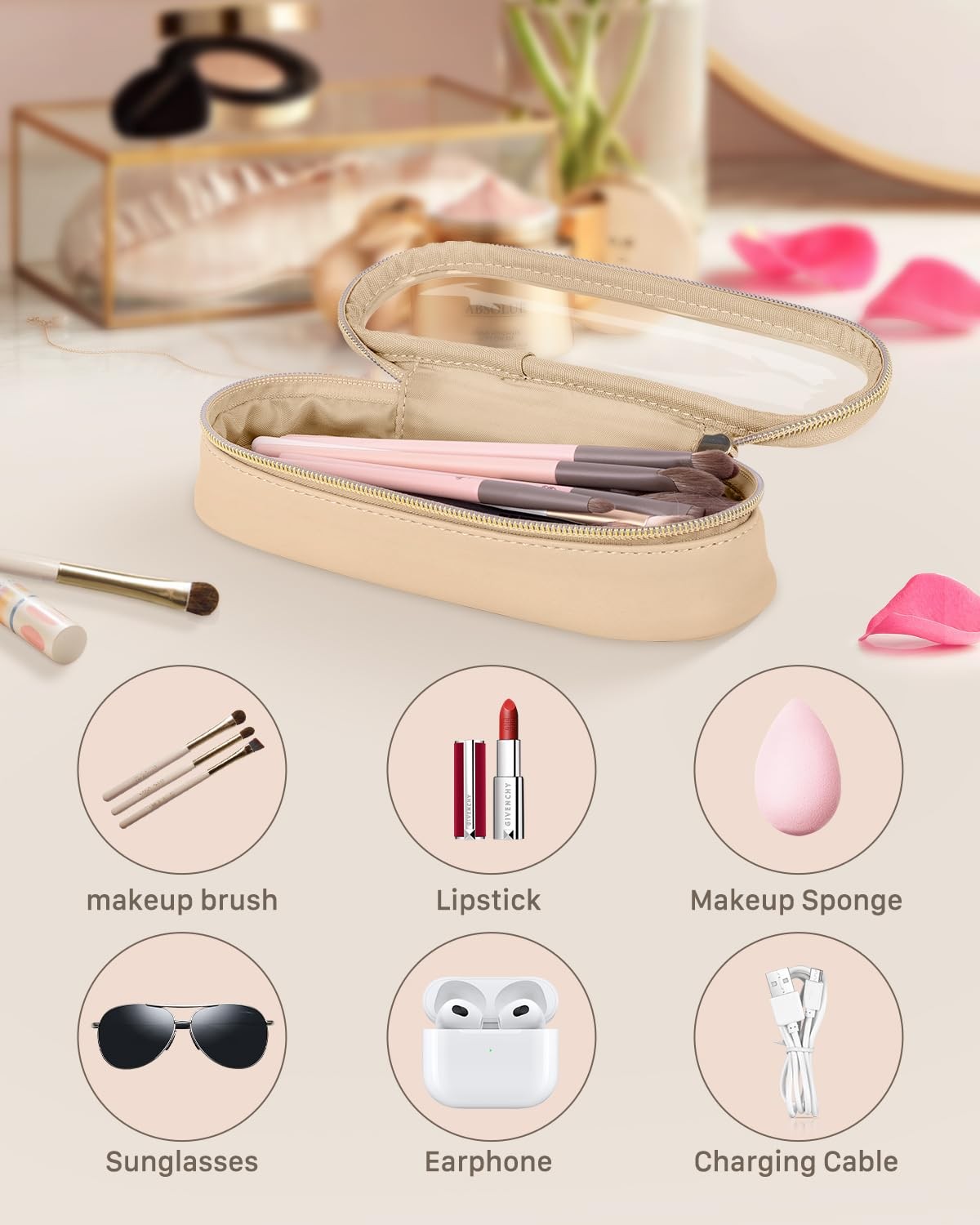 Travel Makeup Brush Holder Leather Waterproof Case Khaki