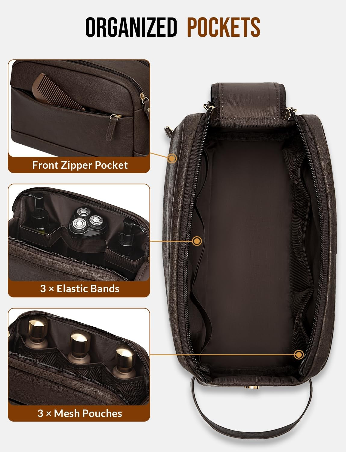 Men's PU Leather Water-Resistant Travel Toiletry Bag - Large Organizer